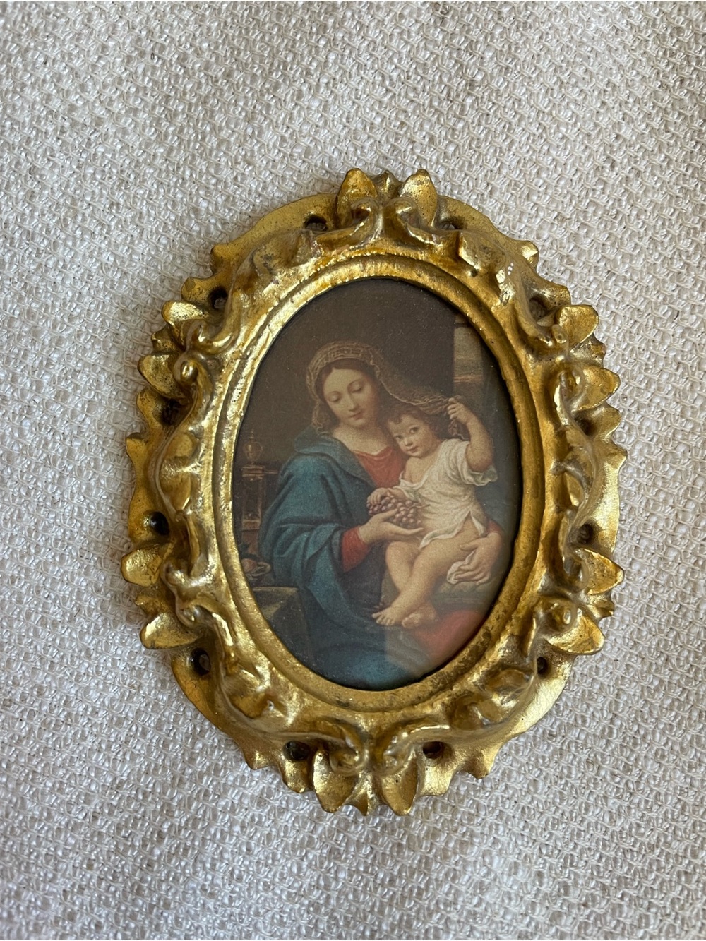 Vintage Gilded Oval Madonna & Child Wall Miniature Plaque Framed 4x3" Italy